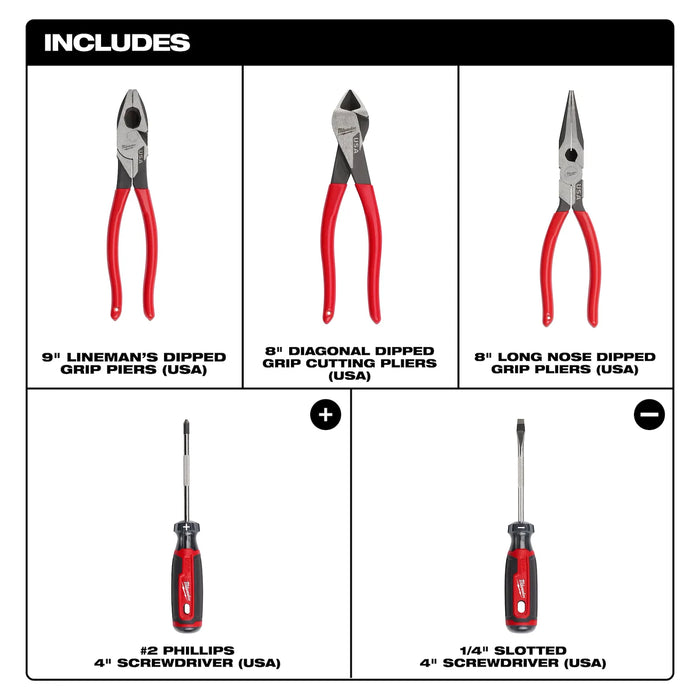 Milwaukee "5PC Dipped Grip Cutting Pliers & Cushion Grip Screwdrivers Set (USA) " MT500-5