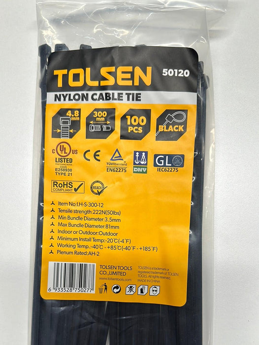 Tolsen 12″ Black Cable Tie – 100pcs UV Rated Nylon 50120