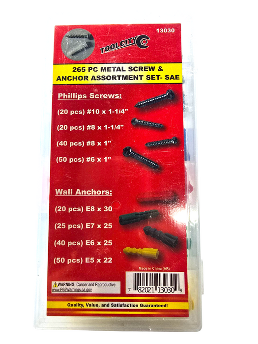 265 PC METAL SCREW AND ANCHOR ASSORTMENT SET- SAE