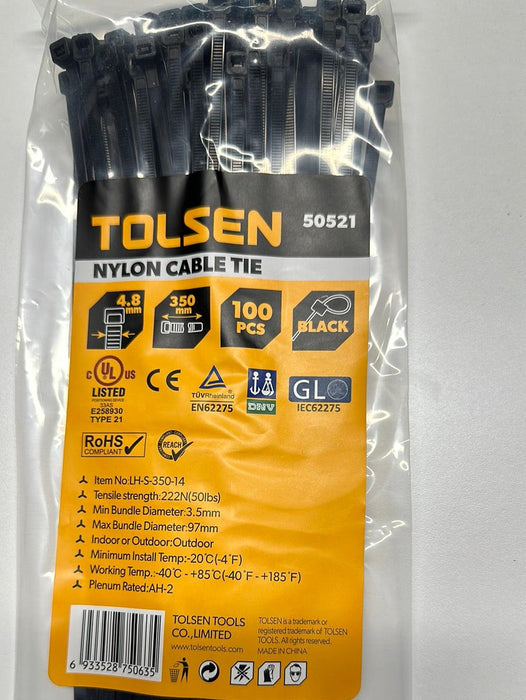 Tolsen 14″ Black Cable Tie 100pcs UV Rated Nylon