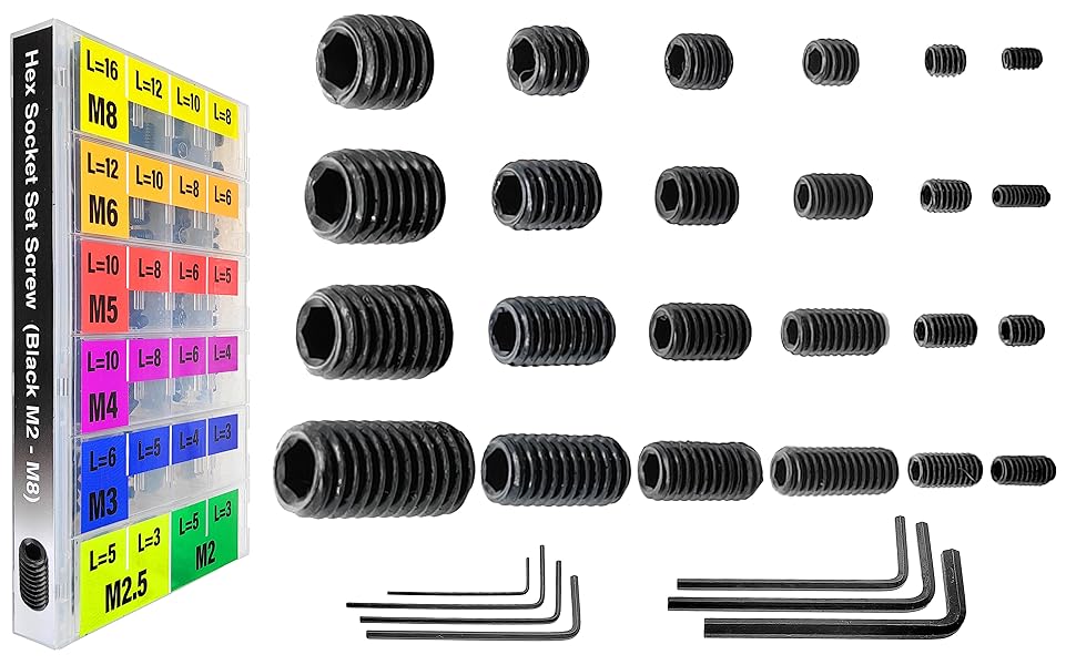707 Pcs Internal Hex Drive Cup-Point Assorted Set Screw Assortment Kit 24 Sizes Metric Black Stainless Steel
