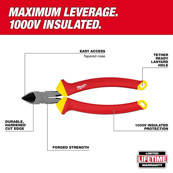 Milwaukee 1000V Insulated 8" Diagonal Cutting Pliers ,48-22-2208