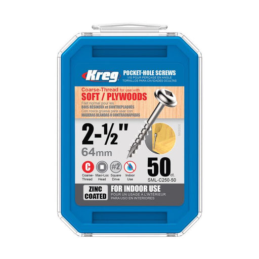 Kreg No. 8 X 2-1/2 in. L Square Zinc-Plated Coarse Pocket-Hole Screw 50 pk