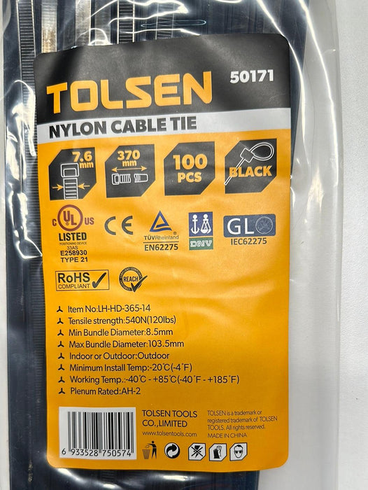 Tolsen 14.5″ Black Cable Tie 100pcs UV Rated Nylon 120lb