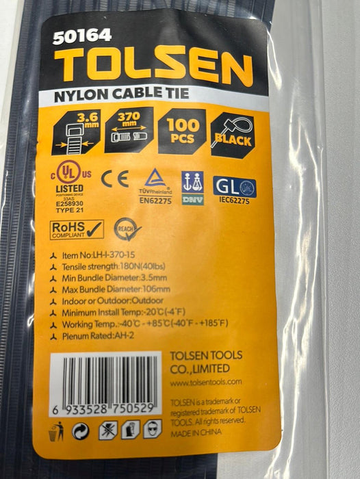 Tolsen 14.5"/370mm x 3.6mm Black Cable Tie 100pcs UV Rated Nylon
