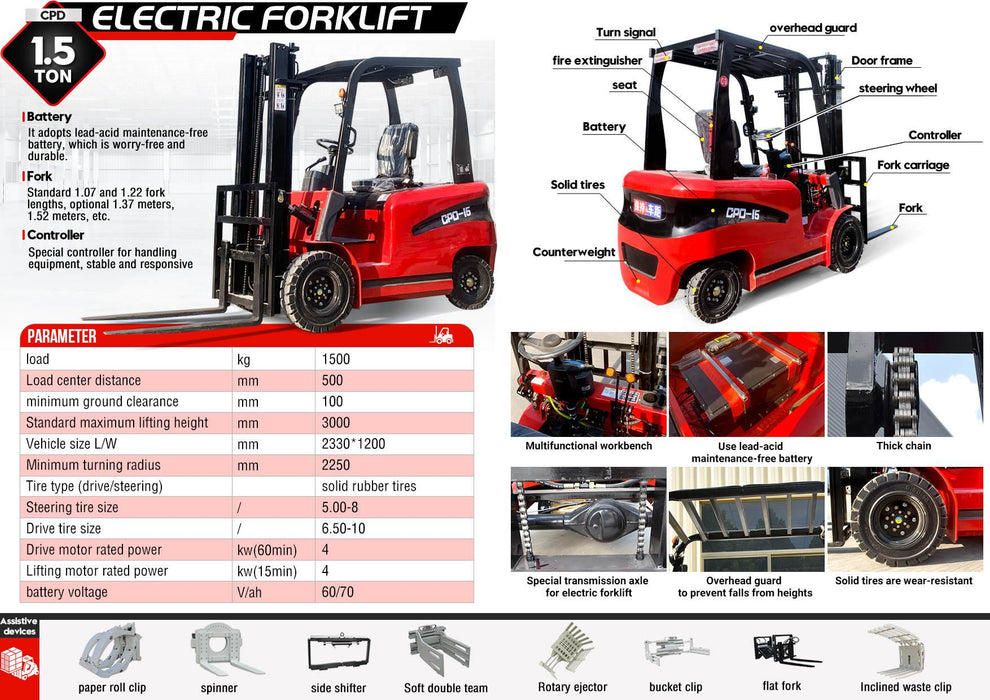 1.5 Ton Electric Forklift 65-80 day lead time
