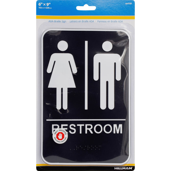 HILLMAN English Black Restroom Plaque 9 in. H X 6 in. W