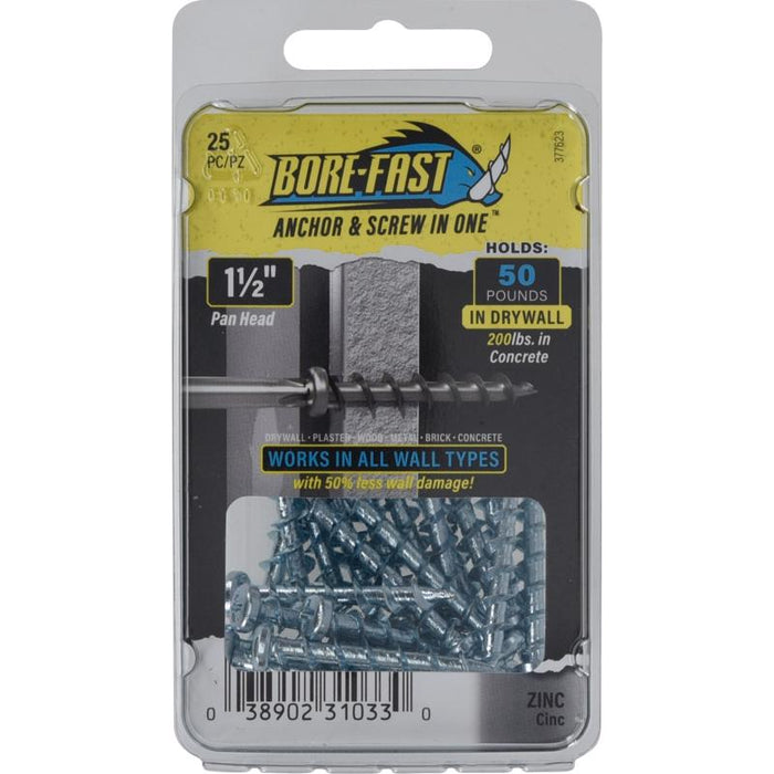 Bore-Fast 3/16 in. D X 1-1/2 in. L Steel Pan Head Screw and Anchor 25 pc