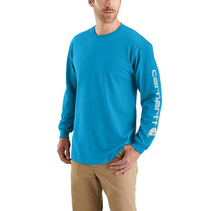 Carhartt Men's Loose Fit Heavyweight Long Logo Sleeve Graphic T-Shirt, Atomic Blue