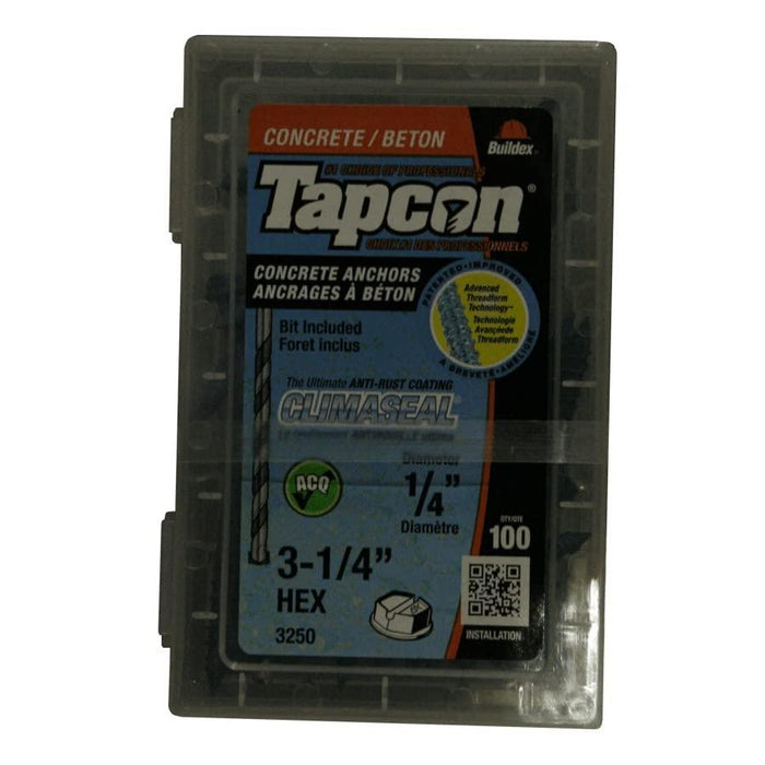 100 Pack 1/4" x 3-1/4" Hex Head Concrete Screws, with Drill Bit