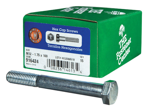 HILLMAN M12-1.75 mm D X 100 mm L Heat Treated Steel Hex Head Cap Screw 15 pk