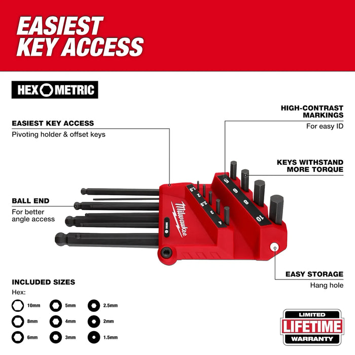 Milwaukee 9-Key Ball End L-Style Hex Key Set - Metric 48-22-2186