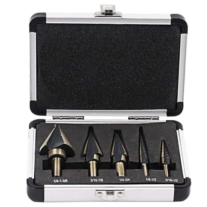 5 PC HSS Cobalt Double Fluted Step Drill Bit Set with Aluminum Case 1/8-1-3/8