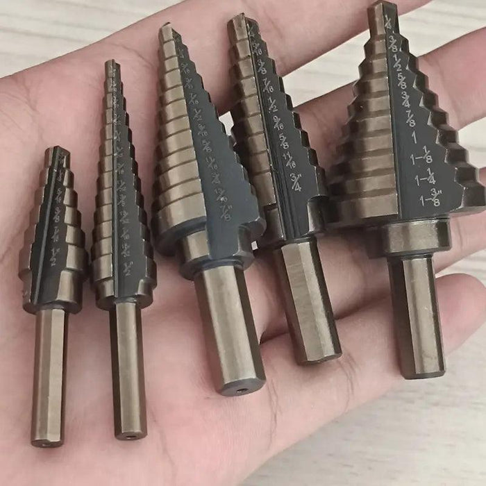 5 PC HSS Cobalt Double Fluted Step Drill Bit Set with Aluminum Case  1/8-1-3/8