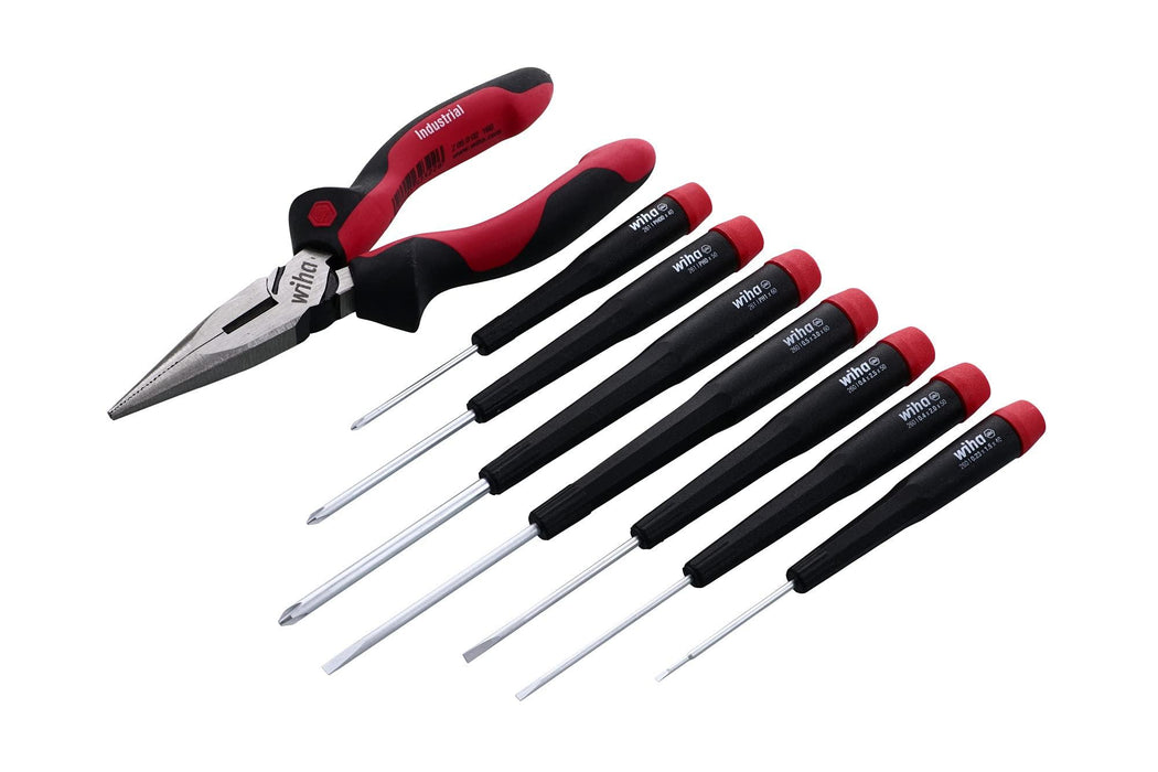 Wiha Slotted and Phillips Screwdriver Set Bonus Pack with Professional 6.3" Long Nose Pliers, 8 Piece