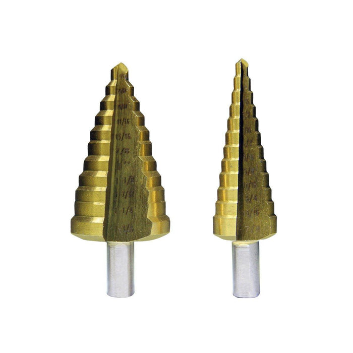 Grip 2 pc Jumbo Step Drill Bit Set - Includes 1/4β to 1-3/8β Eleven Step Bit and 3/16β to 7/8β Twelve Step Bit - Sheet Aluminum, Metal, Wood