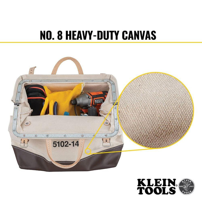 Klein Tools 5102-14 Heavy Duty Natural Canvas Tool Bag, Tool Tote, Multi-Purpose Bag with Wide Hinged Opening and Leather Handles, 14-Inch