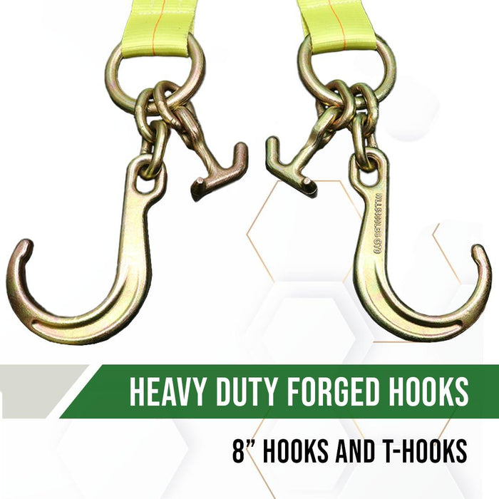 Boxer Tow Straps V Bridle 3β x 24β with Mini J Hook, T-J Hook, Reinforced Webbing, Recovery V Strap, Rollback, Car Hauler, Towing β B/S 16,200lbs