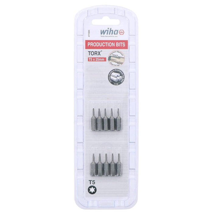 Wiha 71505 Torx Insert Bits, 1/4-Inch Hex Drive, T5 by 25 mm, 10-Pack