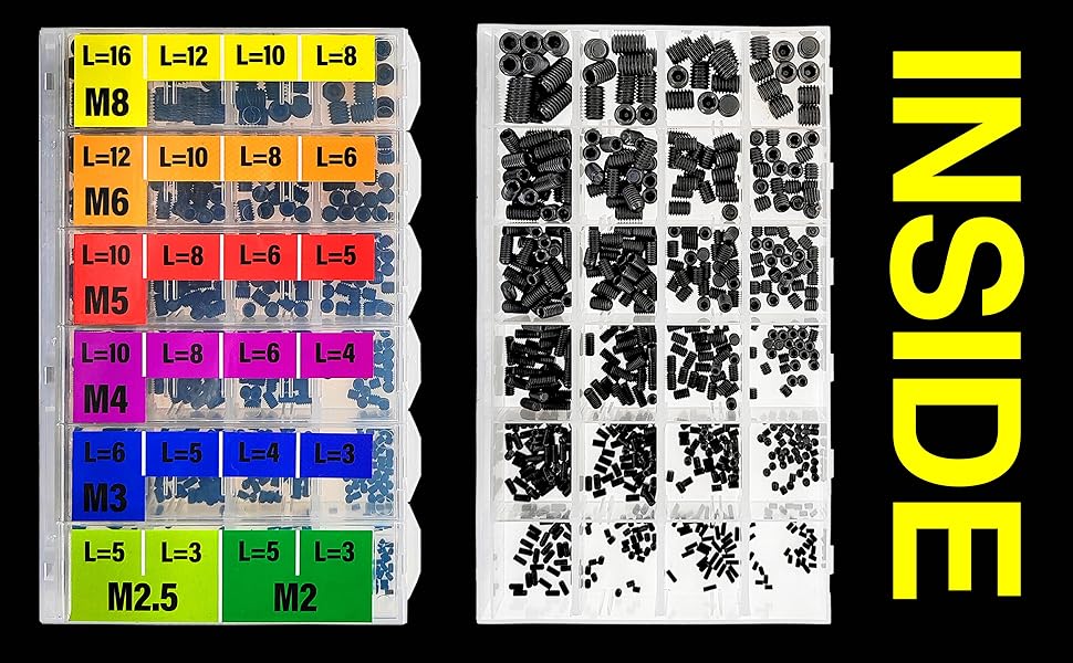 707 Pcs Internal Hex Drive Cup-Point Assorted Set Screw Assortment Kit 24 Sizes Metric Black Stainless Steel