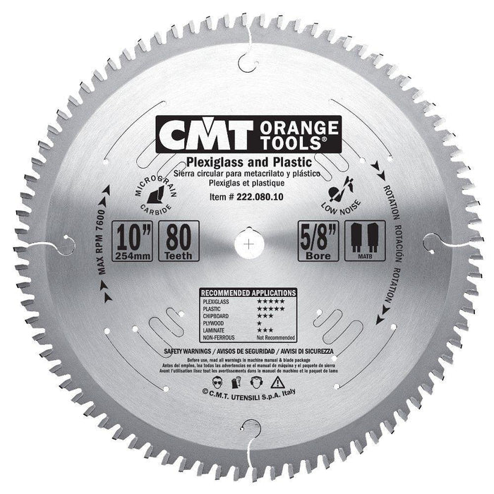 CMT 222.080.10 Industrial Plexiglass and Plastic Saw Blade, 10-Inch x 80 Teeth MATB Grind with 5/8-Inch Bore