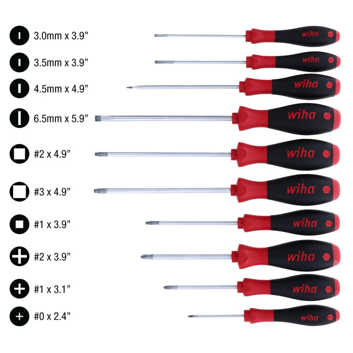 Wiha SoftFinish Grip ScrewDriver Set, Slotted, Phillips, and Square 10-Piece Set