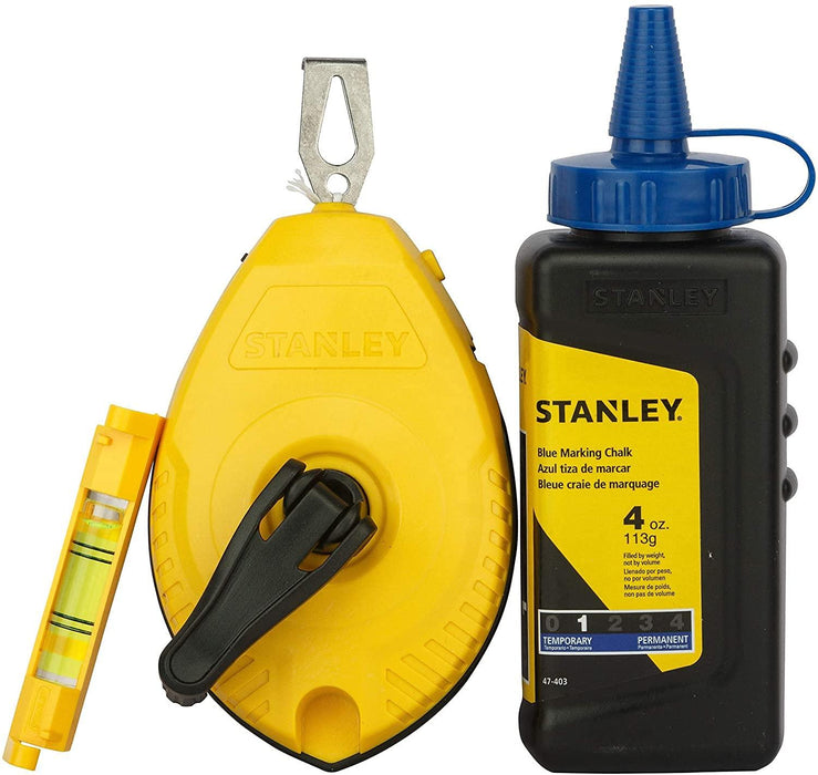 STANLEY Chalk Line Box Set, Blue Chalk with Plastic Line Level, 4oz, 3-Piece (47-443)