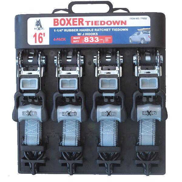 Boxer Ratchet 4-pack with J Hooks in Grey 2,500lbs (1.25" x 16')