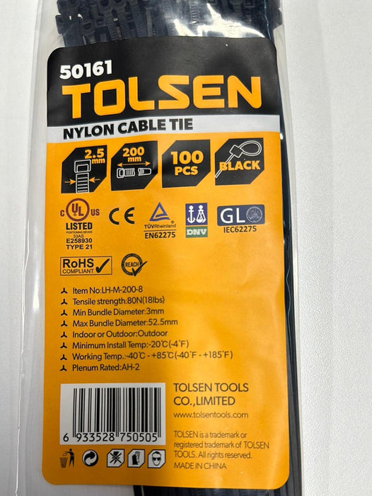 Tolsen 8"/200mm x 2.5mm Black Cable Tie – 100pcs UV Rated Nylon