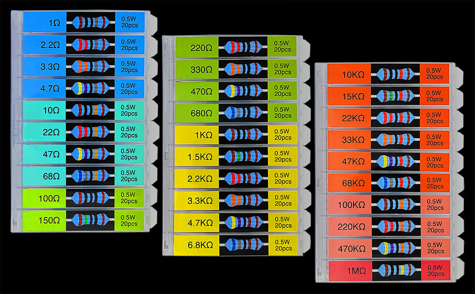 600pcs 1/2W 30 Types Metal Film Resistor Assortment Kit for Led Lights  1 Ohm-1M Ohm with 1%