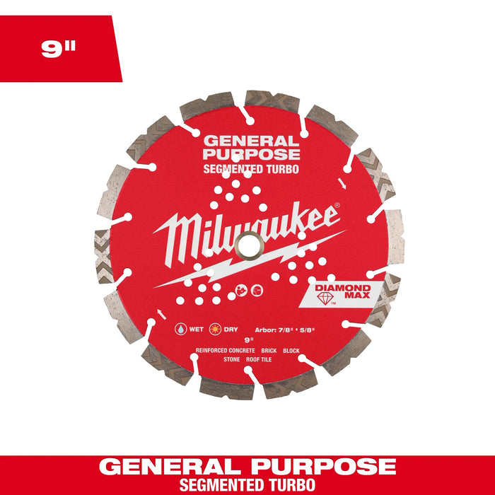 Milwaukee 9" DIAMOND MAX™ Segmented Turbo, General Purpose Diamond Blade 49-93-9009
