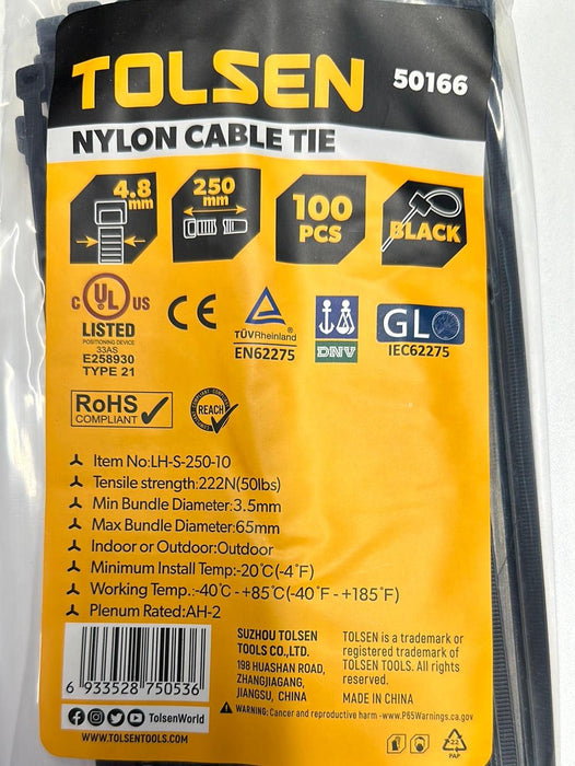 Tolsen 10"/250mm x 4.8mm Black Cable Tie – 100pcs UV Rated Nylon