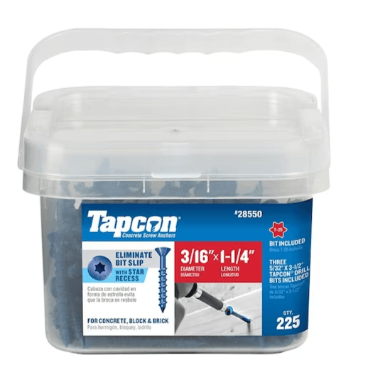 Tapcon 3/16-inch x 1-1/4-inch Climaseal Blue Flat Head T25 Concrete Screw Anchors Pro Pack With Drill Bit - 225 pcs