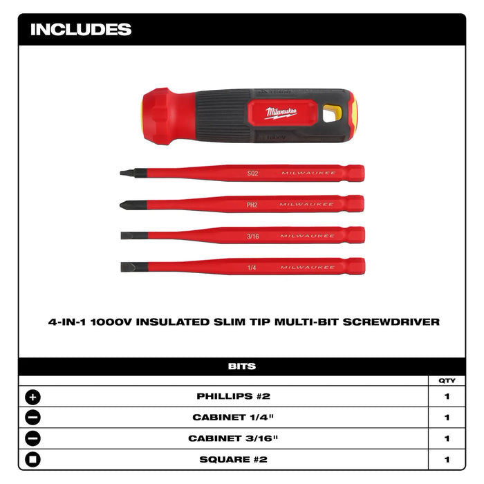 Milwaukee 4-in-1 1000V Insulated Slim Tip Multi-Bit Screwdriver 48-22-2216