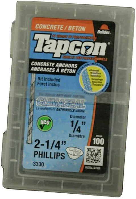 Tapcon 1/4-inch x 2-1/4-inch Climaseal Blue Flat Head Phillips Concrete Screw Anchors With Drill Bit - 100 pcs