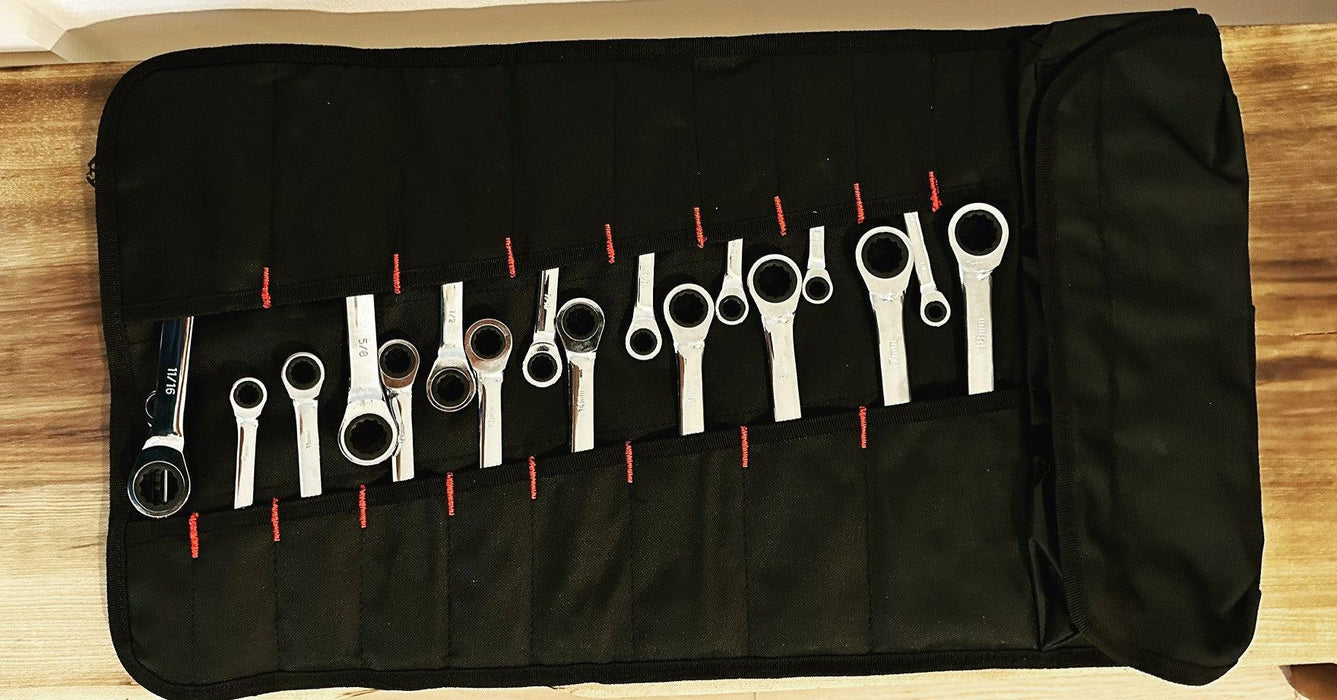 Wiha 18-PC Combination Metric and SAE Ratcheting Wrench Set,  with a FREE Grease Monkey 18 Pocket Rollup Pouch