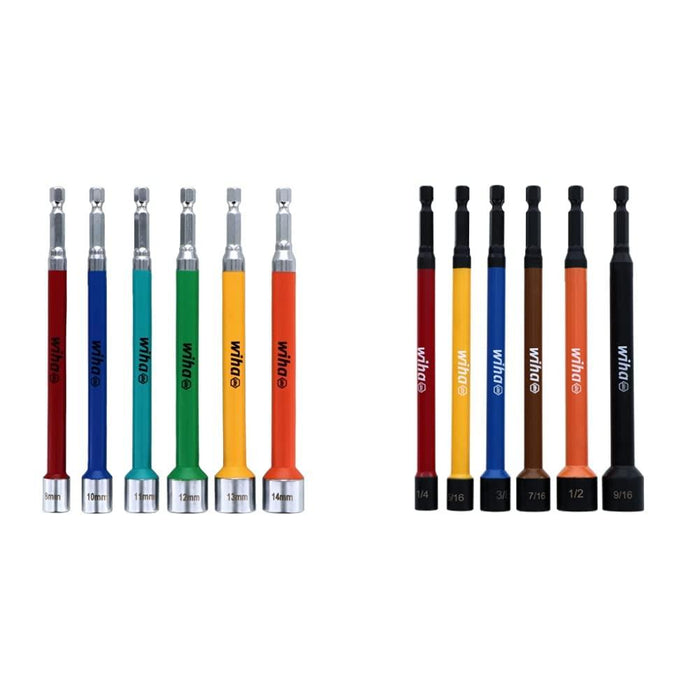 Wiha SAE and Metric 6-Inch 70484 & 70487  6+6 Piece Color Coded Magnetic Nut Setters