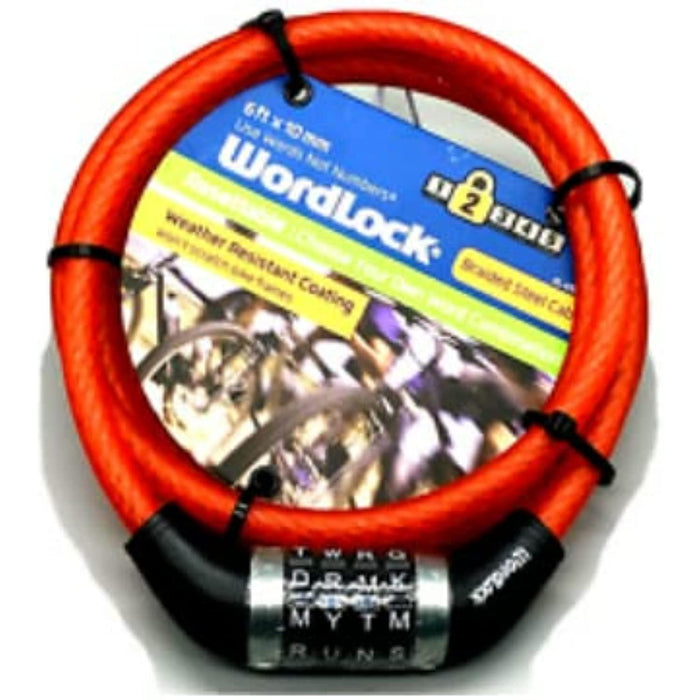 WordLock Resettable: Choose Your Own Word Combination Braided Steel Cable 6ft x 10mm (Red)