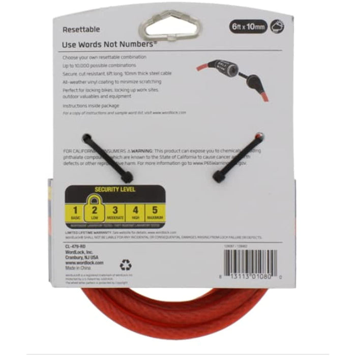 WordLock Resettable: Choose Your Own Word Combination Braided Steel Cable 6ft x 10mm (Red)