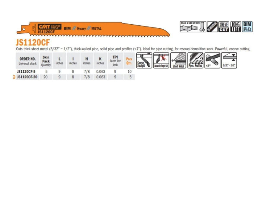 CMT USA, Inc. JS922BF-5 CMT 14 TPI Bimetal Reciprocating Saw Blades for Metal (5 Pack), 5"