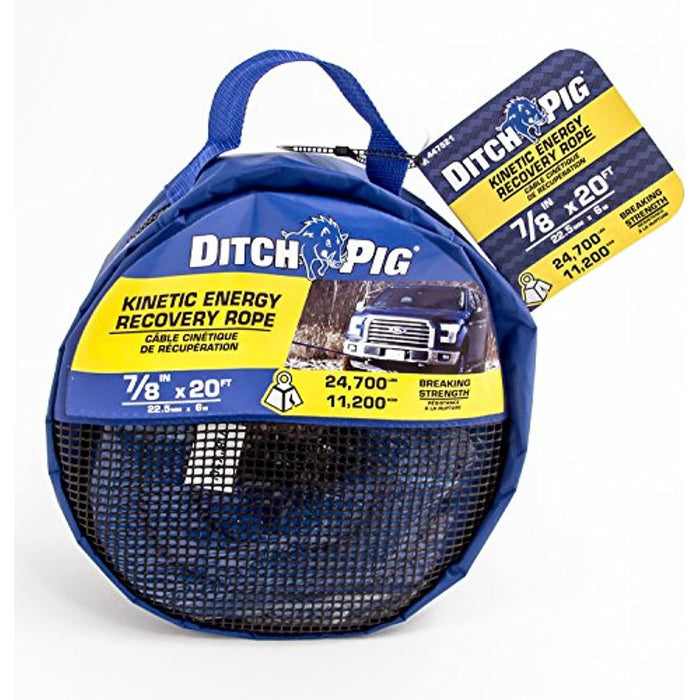 DitchPig 447521 Kinetic Energy Vehicle Recovery Double Nylon Braided Rope with Tote Bag, 7/8" x 20', 24,700 lbs. Breaking Strength