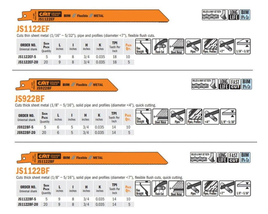 CMT USA, Inc. JS922BF-5 CMT 14 TPI Bimetal Reciprocating Saw Blades for Metal (5 Pack), 5"