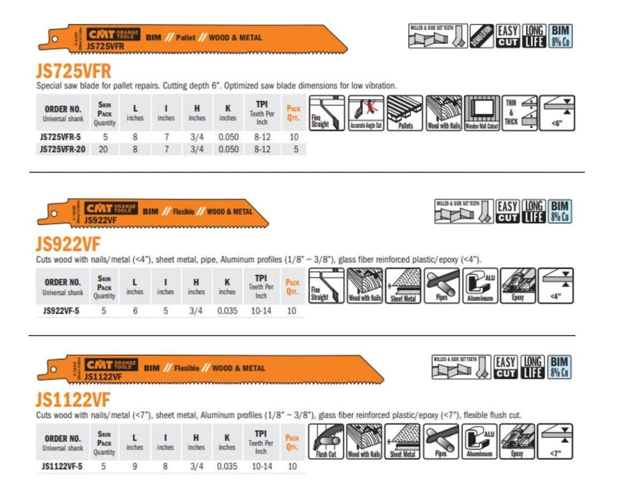 CMT JS725VFR-5 8-12 TPI Bimetal Reciprocating Saw Blades for Wood/Metal (5 Pack), 7"