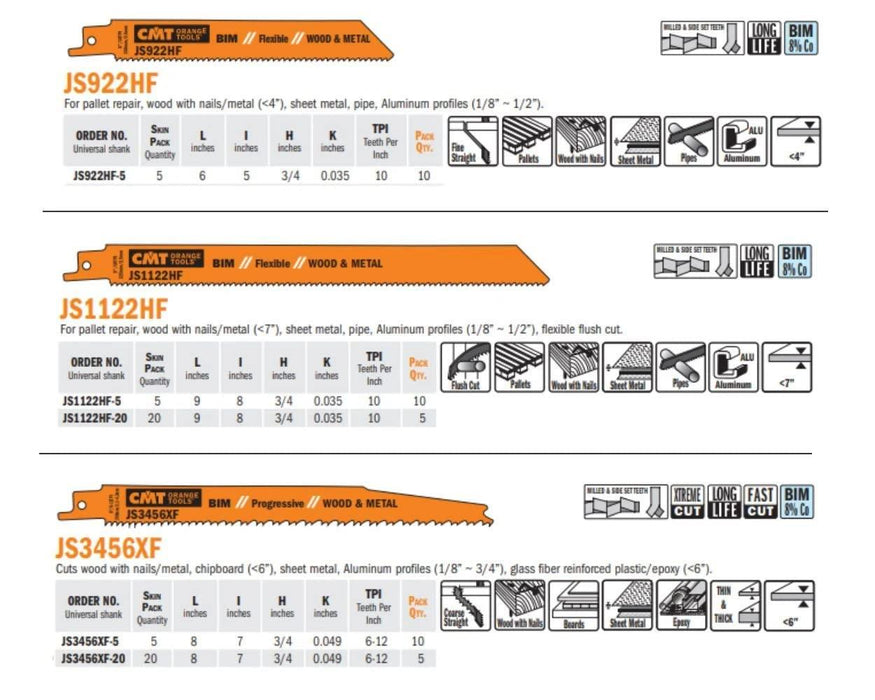 CMT JS725VFR-5 8-12 TPI Bimetal Reciprocating Saw Blades for Wood/Metal (5 Pack), 7"