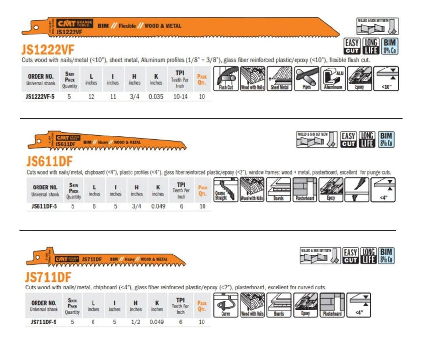 CMT JS725VFR-5 8-12 TPI Bimetal Reciprocating Saw Blades for Wood/Metal (5 Pack), 7"