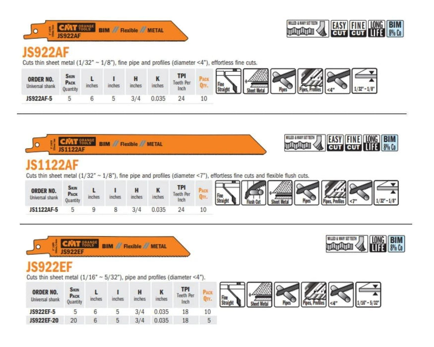 CMT USA, Inc. JS922BF-5 CMT 14 TPI Bimetal Reciprocating Saw Blades for Metal (5 Pack), 5"