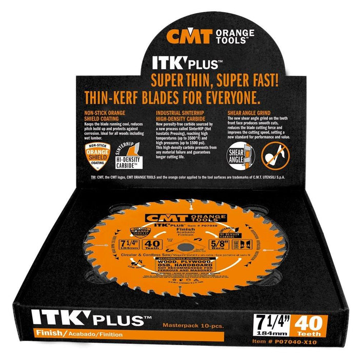 CMT P07040-X10 ITK Plus Finish Saw Blade Masterpack, 7-1/4 x 40 Teeth, 10° ATB+Shear with 5/8-Inch<> bore - 10-Pack