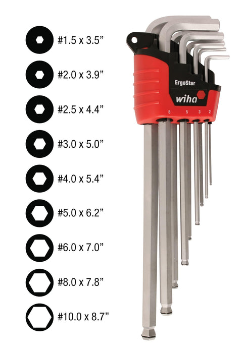 Wiha 66990 MagicRing Ball End Hex Key Set, Long Metric In Holder, 9 Piece