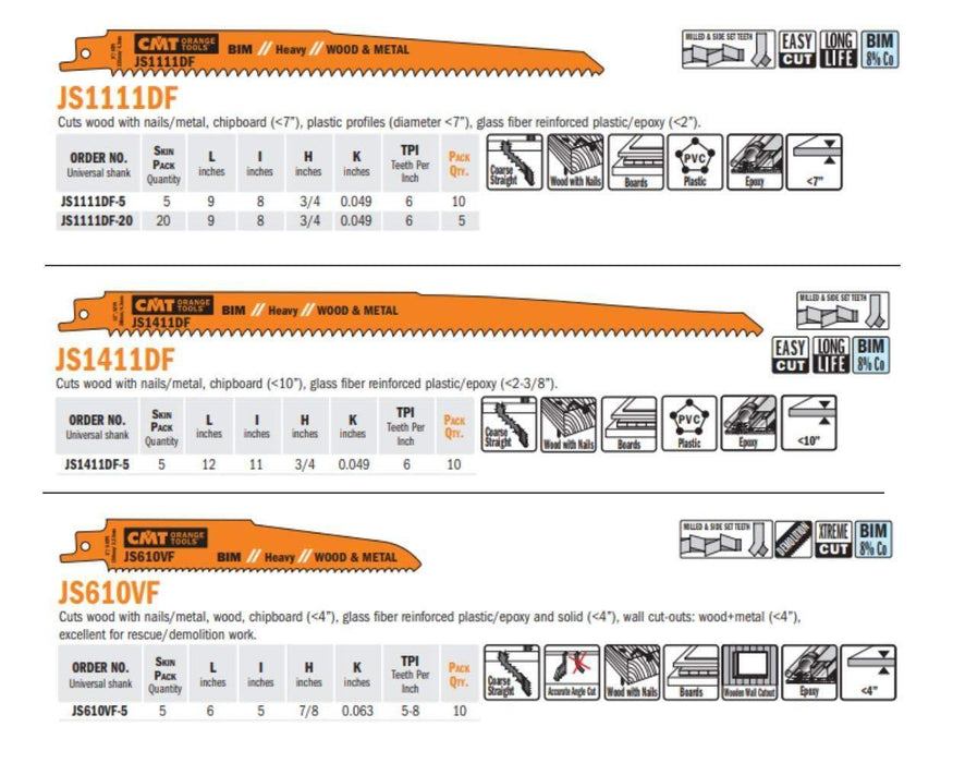 CMT USA, Inc. JS1411DF-5 CMT 6 TPI Bimetal Reciprocating Saw Blades for Wood/Metal (5 Pack), 11"