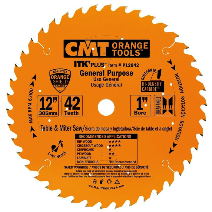 CMT P12042 ITK Plus General Purpose Saw Blade, 12 x 42 Teeth, 10° ATB+Shear with 1-Inch bore